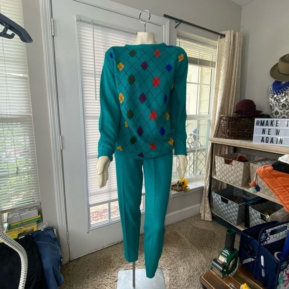 Liz Claiborne Women's Argyle Pullover Sweater & Pull-On Sweatpants Blue Medium - Picture 12 of 12